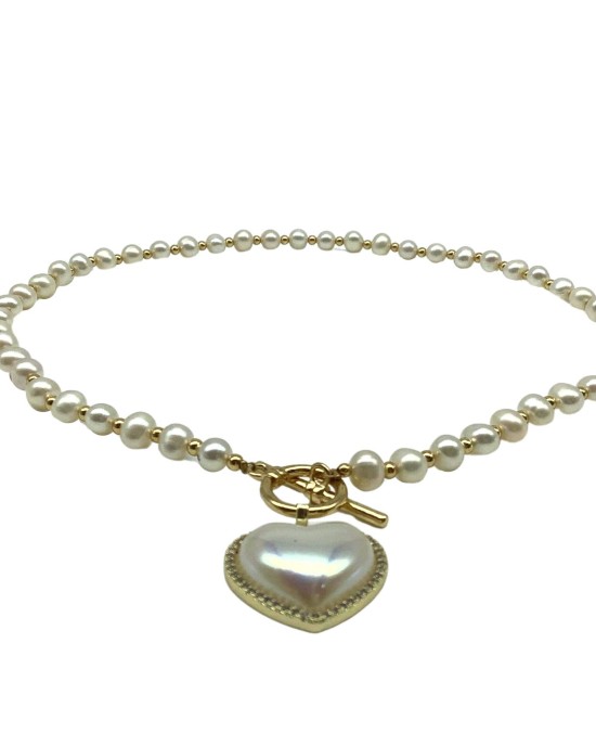 Gold heart pendant Pearl necklace